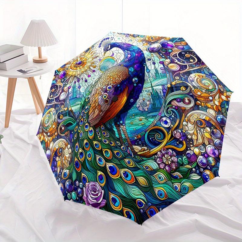 Peacock Stained Glass Art Compact Travel Automatic Umbrella With 8Rib Durable Plastic Iron For Womenmen Fashionable Wedding Party Giftt39