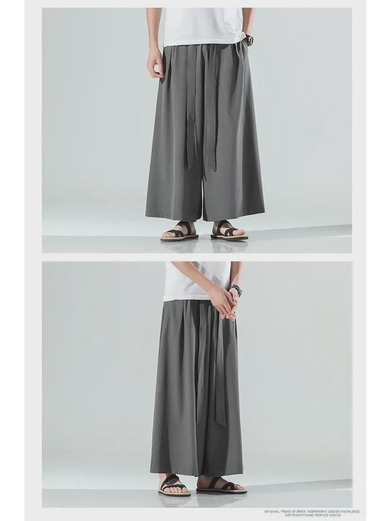 Мужские летние брюки-ханьфу из ледяного шелка с широкими штанинами в стиле ретро: Свободный, прямой, большой размер