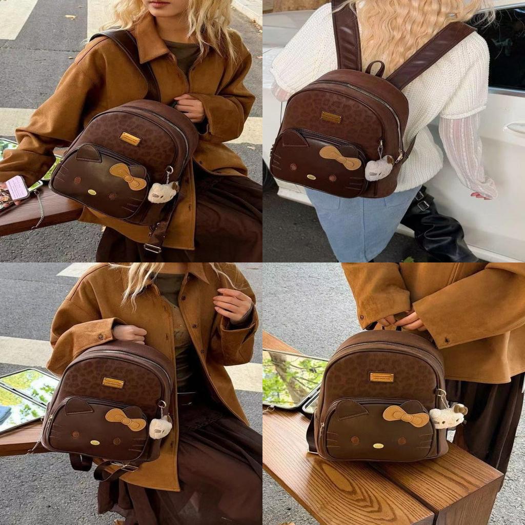 Hello Kitty Cartoon Leopard Print Pu Backpack With Padded Straps For Casual Day Use