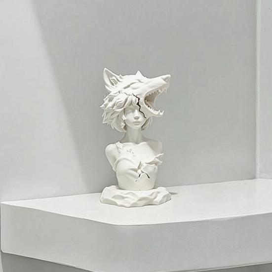 3D-печатная скульптура-бюст Темной Девушки-Волка, Компактное Настольное Украшение с Дизайном Головы Волка для Кабинета, Комнаты Киберспорта, Уникальный Подарок, Декор