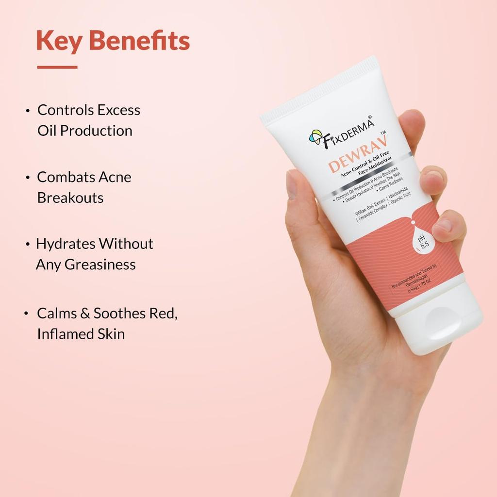 Fixderma Dewrav Увлажняющий крем для лица с контролем акне, без масел, с гликолевой кислотой | Ниацинамид | Для жирной кожи | Увлажняющий крем для лица для женщин и мужчин - 50 г