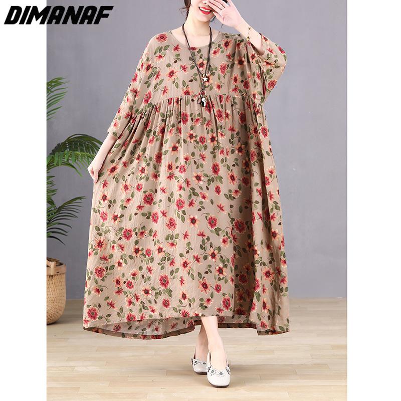 Dimanaf Женское платье больших размеров, новинка 2023 года, летнее стильное платье, свободное платье с длинным рукавом и круглым вырезом с цветочным принтом, зеленые льняные базовые платья