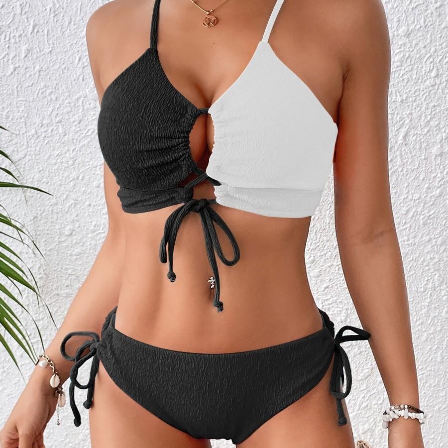 Multi-color 1011 new bikini women's contrasting color sexy cross suspender drawstring three-point split swimsuit