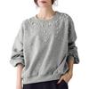 Sweat Pullover Pearl Voluminous Sleeves Round Neck Punch Material Off Shoulder Loose Ladylike Feeling Loose and Sheer Off the Shoulder Beautiful Look