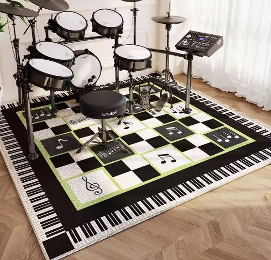 Modern Living Room Rug Fashion Luxury Drum Abstract Music Symbol Black White Plaid Large Area Bedroom Decor Rugs Home Decor