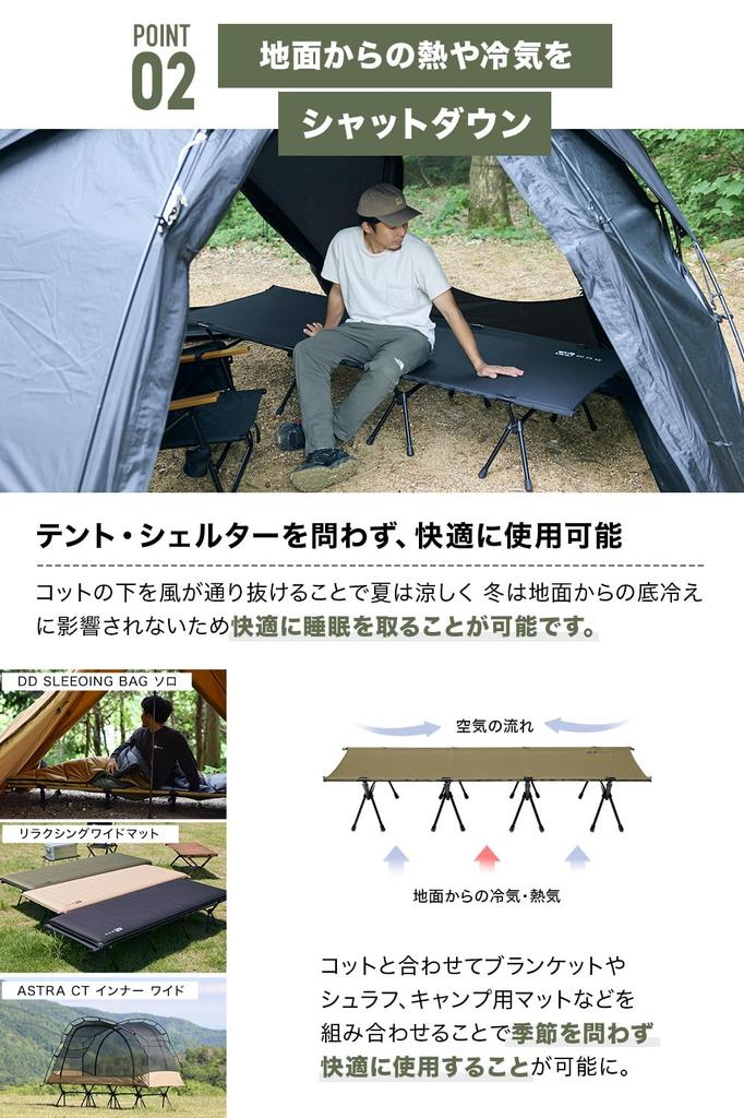 WAQ 2WAY WIDE COT 2WAY Wide Cot Cot Camping Cot Camping Bed Wide Folding Width 80cm 600D High-Low (BLACK - Sheet)