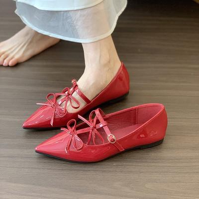 Туфли-лодочки с плоской подошвой, маленьким красным бантом и острым носком, фея-фея с юбкой, туфли Мэри Джейн
