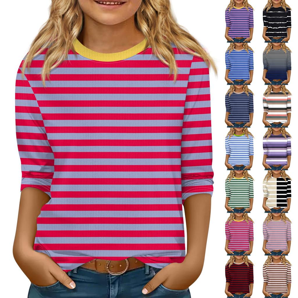 Children's 3/4 Sleeve Tops Knit Casual Print T Shirt Round Neck Pullover Blouse