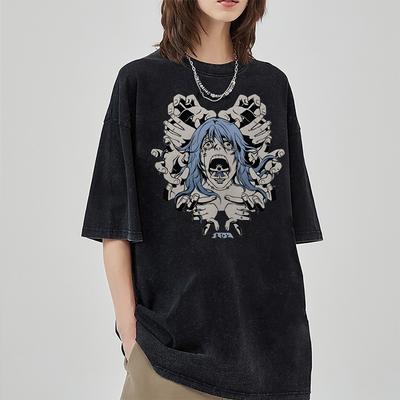 Забавный аниме-стиль с принтом в виде американского мультфильма ужасов, женская футболка унисекс, винтажная, с коротким рукавом, с круглым вырезом, свободная