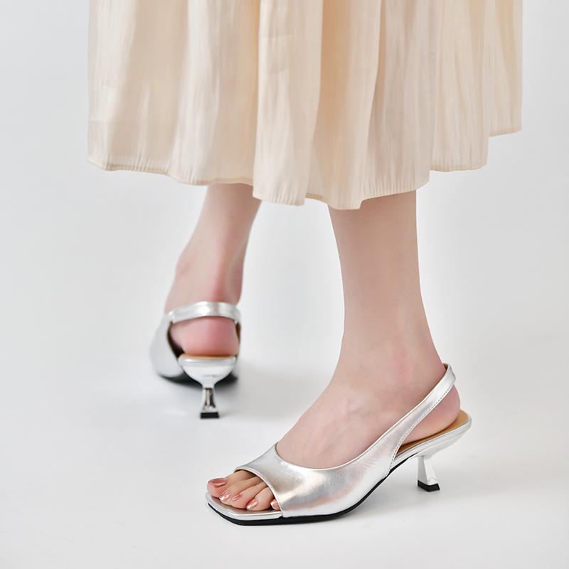 Fashion Summer Sandals Kitten Heel Shoes For Women Slip On Silver Gold Pumps Spring Autumn Elegant Slingback Sandals Sexy Heel