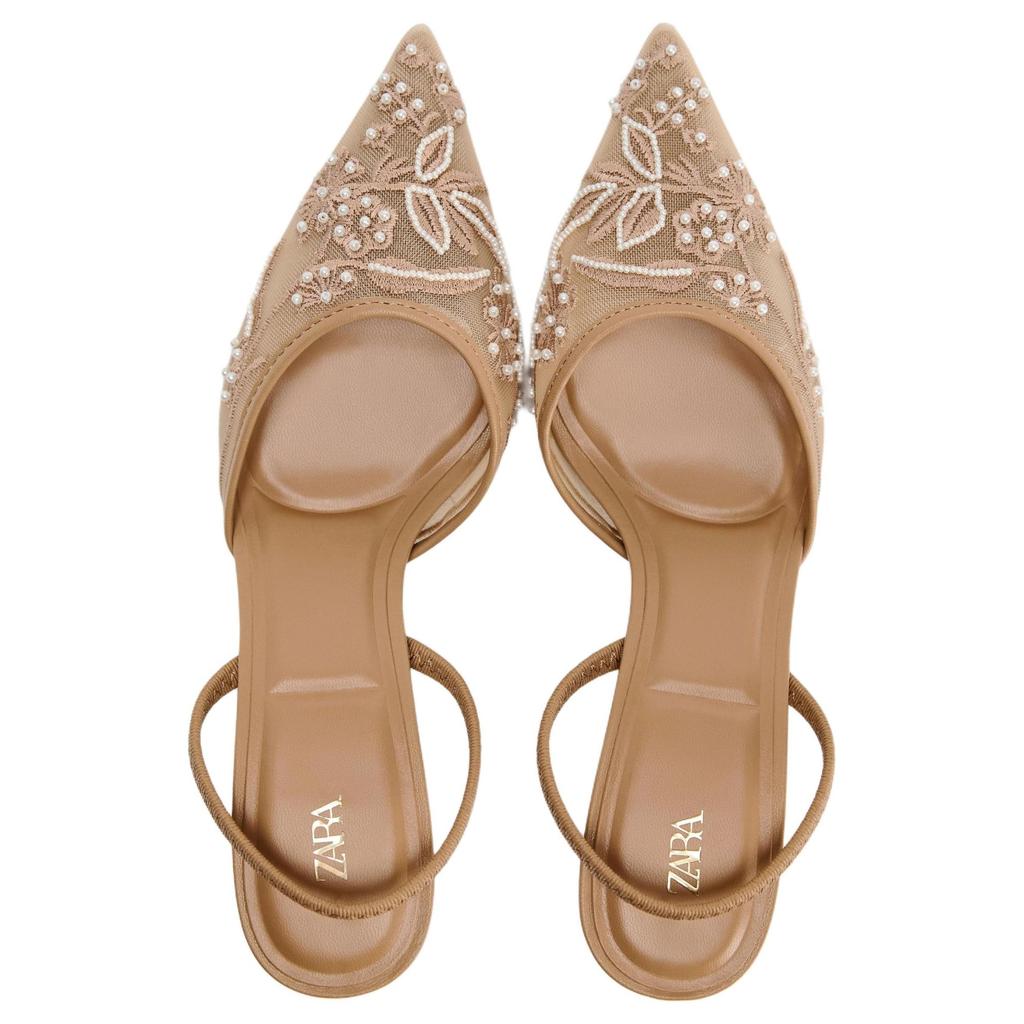 Zara Elegant Embroidered Mesh Open-Back Stiletto Heels 6Cm Women Heels Brown 12256410105