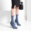 New Women's Boots Solid Color Pointed Zipper High Heels Canvas Denim Hole Fashion Boots Women's Pointed Thin High Heels