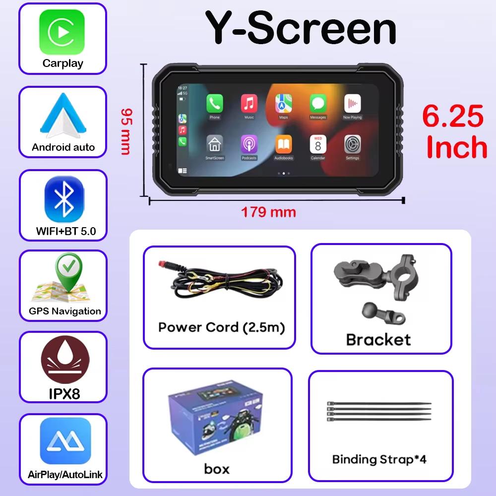 6.25-дюймовый портативный GPS-навигатор, мотоциклетный водонепроницаемый дисплей, беспроводной CarPlay для мотоцикла, Android Auto, двойной DVR-монитор, видеорегистратор