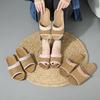 Woven Rattan Slippers With Soft Linen Lining, Casual Open Toe Slip On Shoes, Comfortable Indoor Home Slides