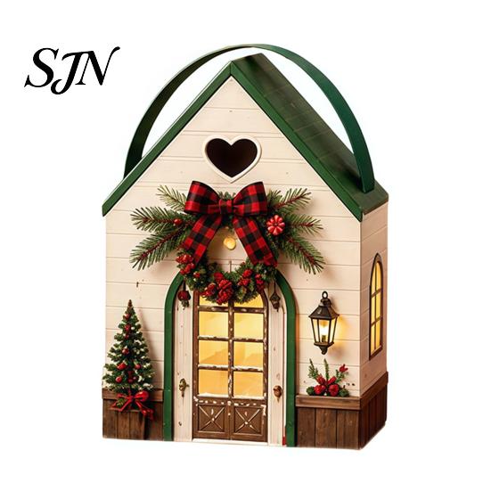 Holiday Souvenir Packaging Christmas House Shaped Candy Boxes with Handles, Festive Cottage Decorative Cabin Gift Holders Treat Containers for Cookies