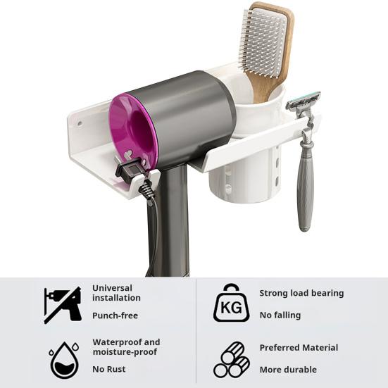 Универсальный держатель для фена, настенное крепление, вешалка для фена с органайзером для шнура, самоклеящаяся стойка для инструментов по уходу за волосами для шкафа в ванной комнате