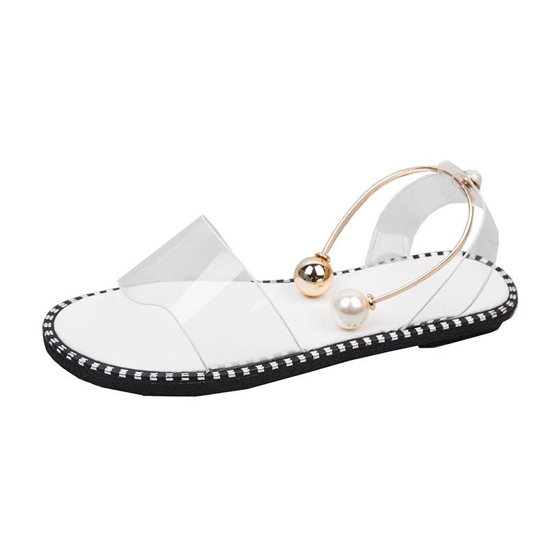 European and American one-word buckle flat sandals women's new open-toed simple pearl metal buckle cool slippers