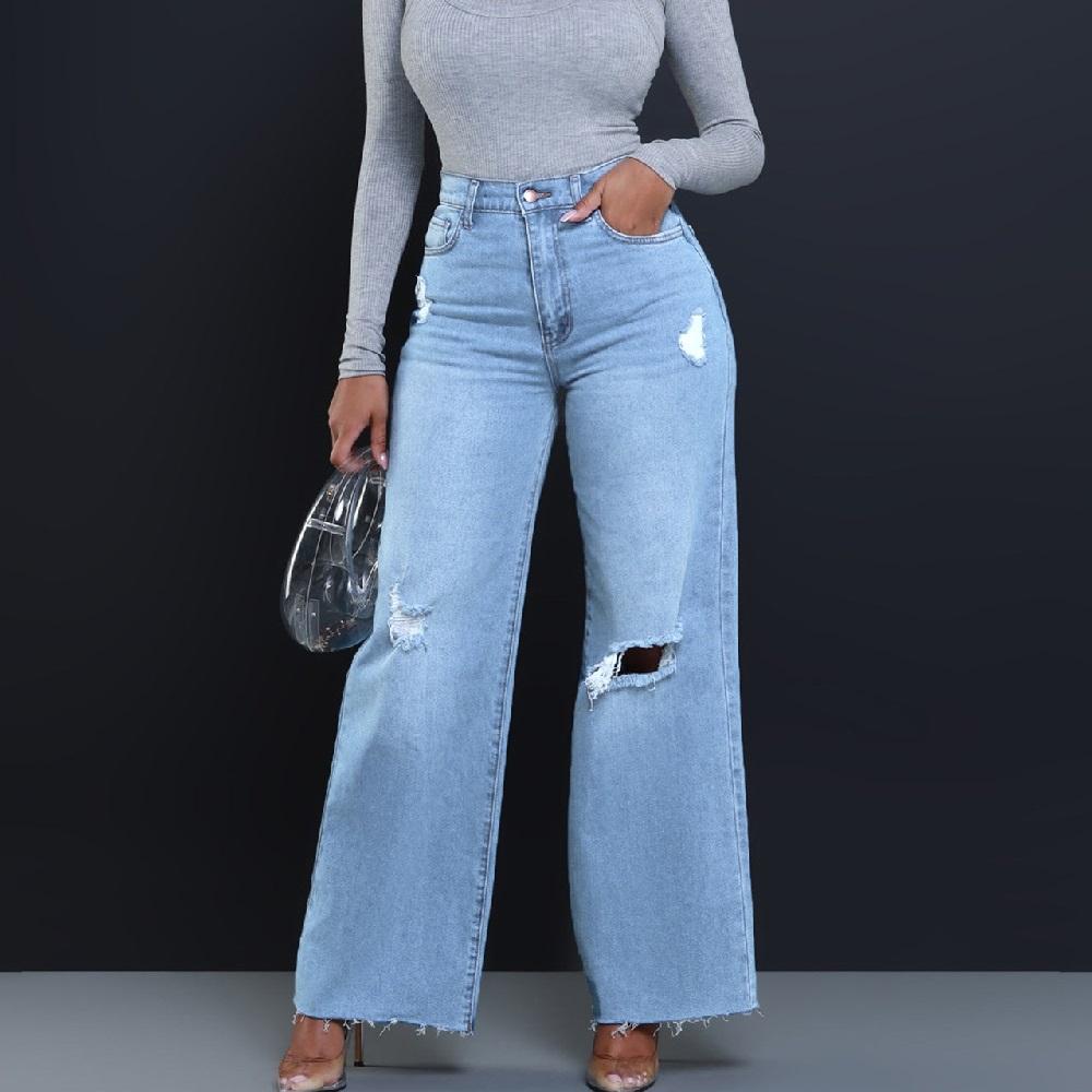 Women Street Ripped Hole Denim Jeans Ladies High Waist Wide Leg Straight Pants Full Length Long Trousers