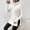 Women Knitting Tops High Collar Long Sleeve Slim Fit Sweater Tops Mid-length Side Split Design Solid Color Ribbed Tops