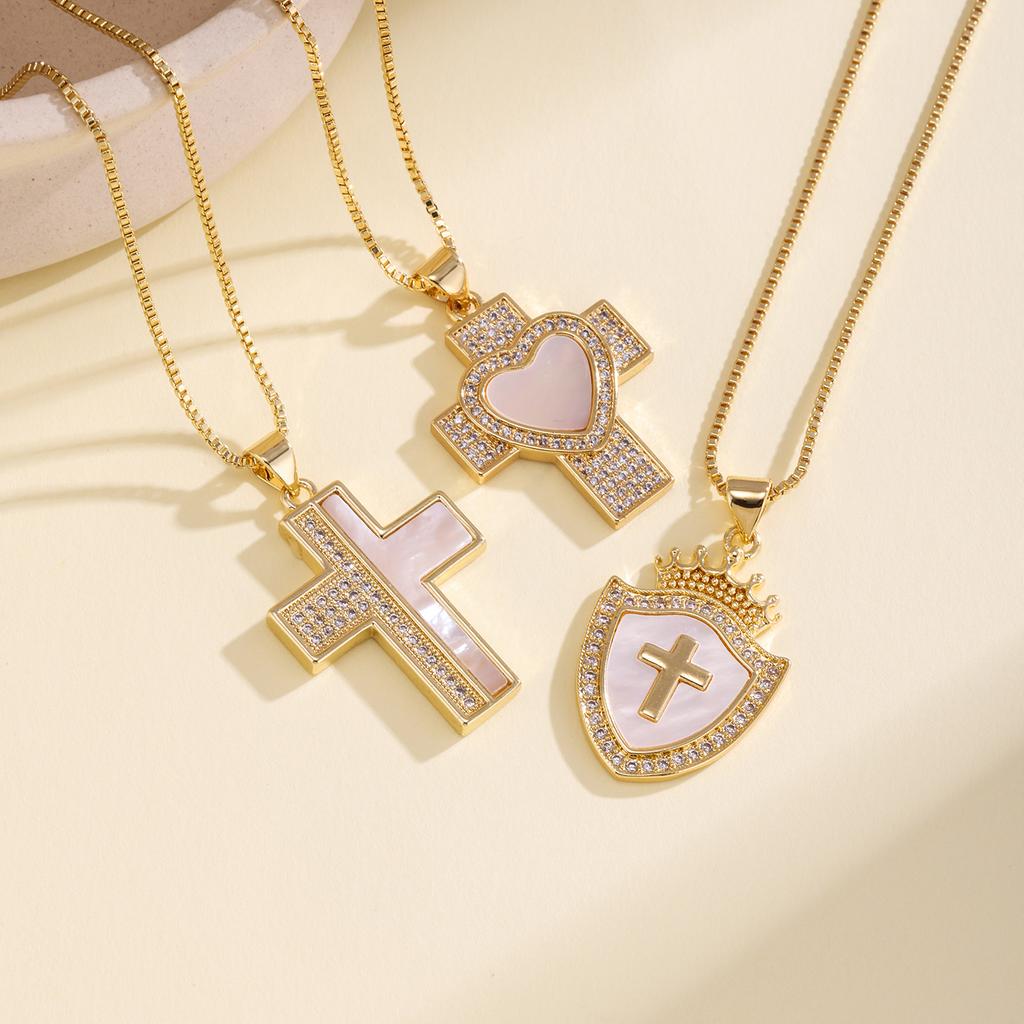 Nidin New Arrival Cross Pendant Necklace With Shell CZ Embellished Shield & Heart Shape Faith-Based Fashion Jewelry For Women