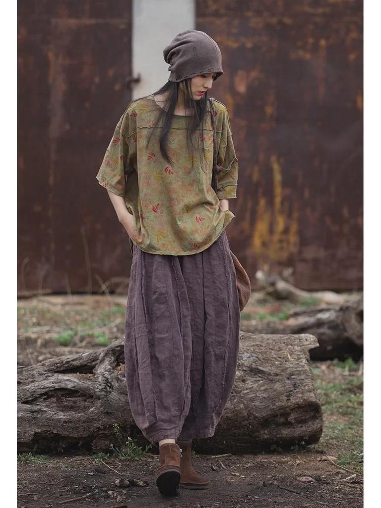 Женская футболка с коротким рукавом из хлопка и льна с пескоструйной обработкой в винтажном стиле