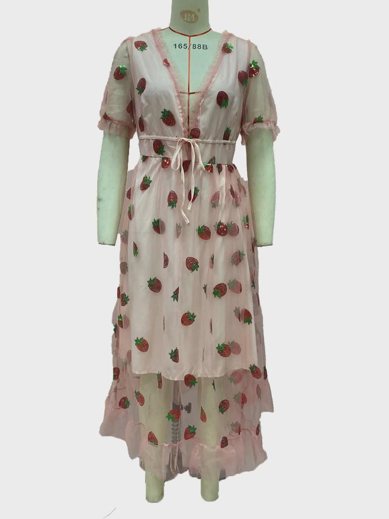 2025 Европейско-американское двухцветное платье-сетка с плиссировкой цвета французской клубники, расшитое пайетками