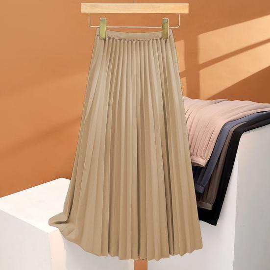 Women Pleated Skirt Elastic High Waist A-Line Long Skirt Solid Color Comfortable Fabric Versatile Skirt Daily Wear