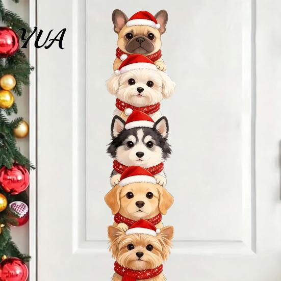 Christmas Theme Wall Decals Puppy Stickers, Removable Self-adhesive Dog for Walls Doors, PVC Stacked Puppies Holiday Party Door Stickers Art