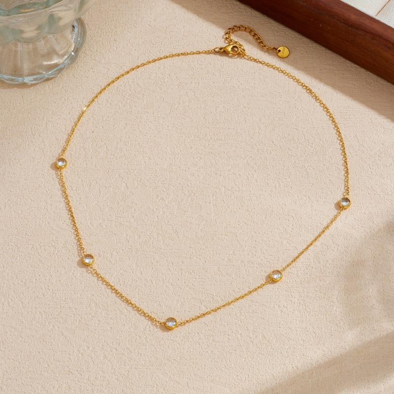 Gold Zircon Station Necklace Dainty Choker For Women