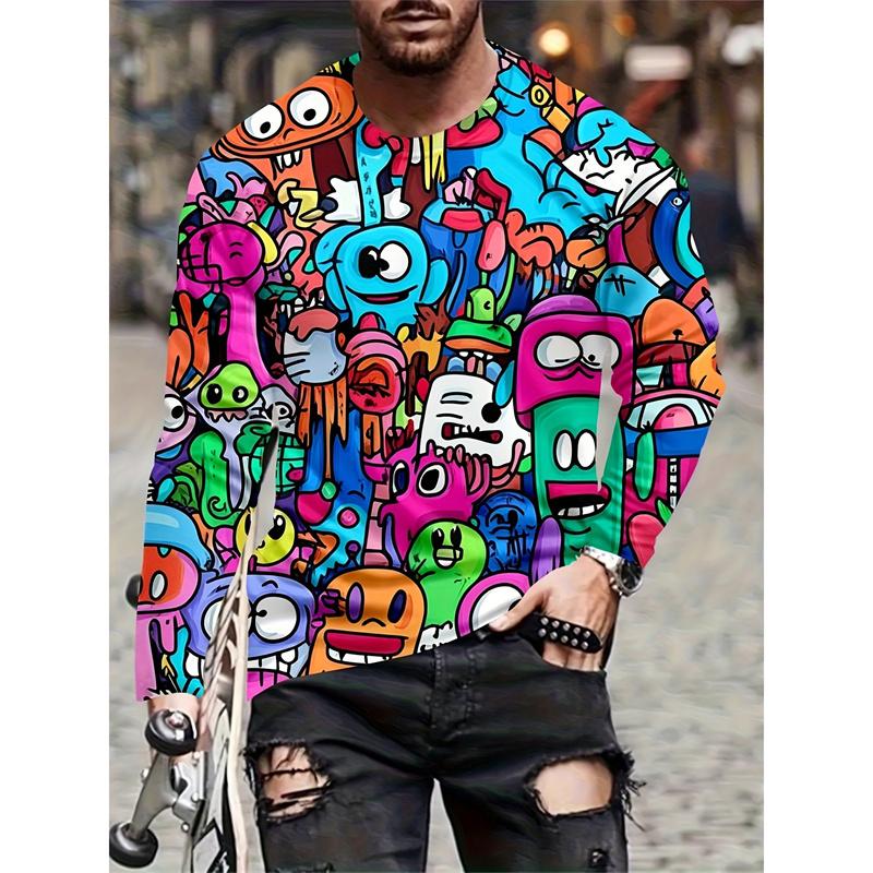 Colorful Little Monster Pattern T-Shirt For Men Fun Mysterious 3D Printed Tees Casual Long Sleeves Unisex T Shirts O-Neck Tops