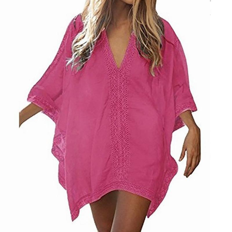 Женская праздничная пляжная Повседневная блузка с V-образным вырезом, однотонная кружевная свободная летняя солнцезащитная рубашка, купальный костюм