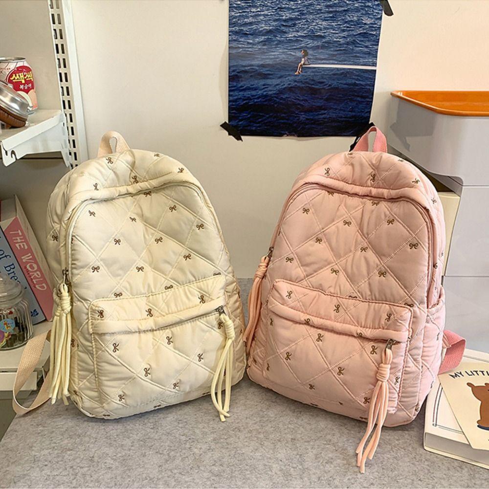 Embroidery Embroidered Bow Backpack Preppy Style Students School Bag Nylon Backpack Outdoor