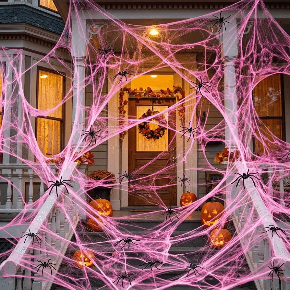 Stretchable Spider Cobwebs Pink Fake Spider Web Scary Cotton Cobweb Indoor Outdoor