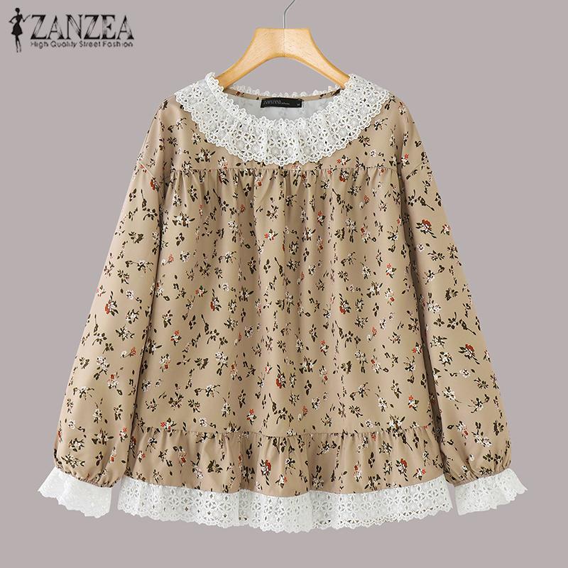 ZANZEA Женские повседневные кружевные блузки с круглым вырезом и цветочным принтом с длинным рукавом