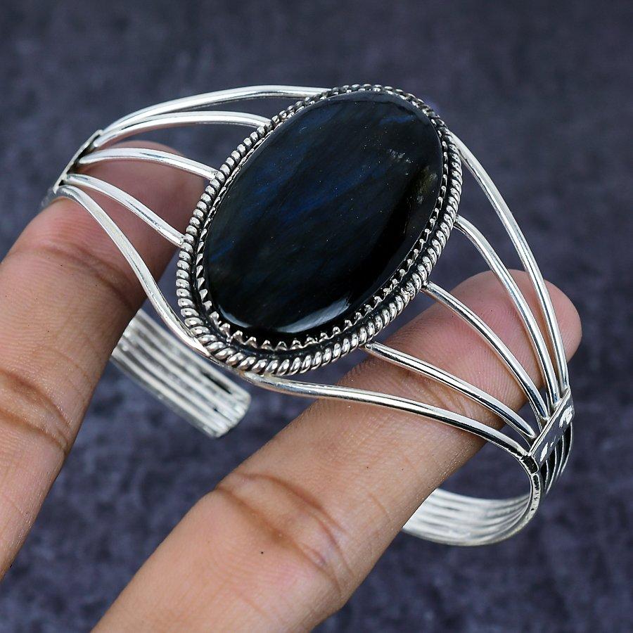 Натуральный серебряный обсидиан, драгоценный камень, браслет-манжета из стерлингового серебра 925 пробы, регулируемый ETC-13913