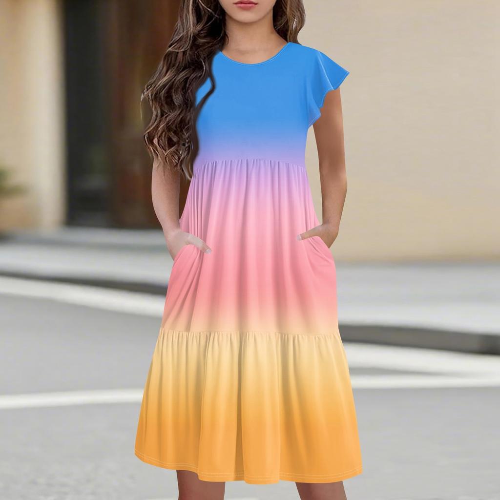 Детская юбка с круглым вырезом, плиссированная, с коротким рукавом, юбка принцессы, модное повседневное платье с карманами для девочек