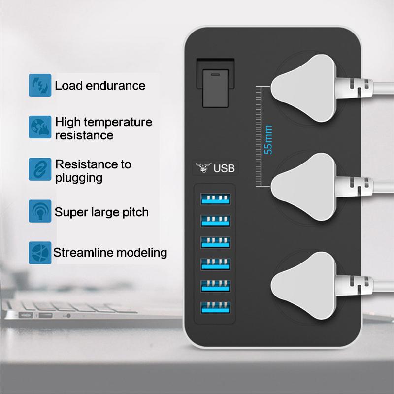 Многофункциональный универсальный удлинитель с 3 розетками, 6 USB-портами для зарядки и шнуром длиной 2 м, вилкой европейского/британского/американского стандарта