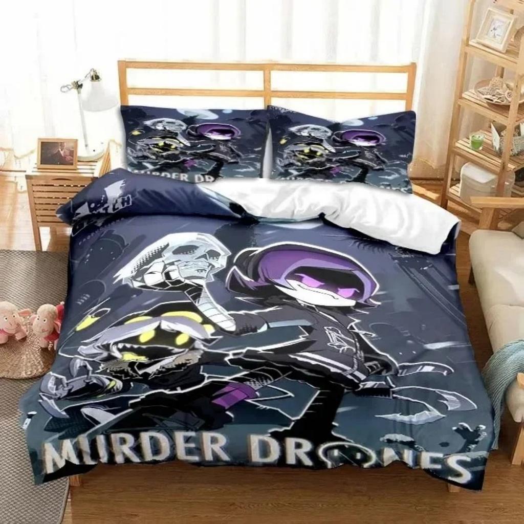 Murder Drones 3D Cartoon Duvet Cover Soft Skin-Friendly Breathable Bedding Set with Zipper for Kids Boys Girls Bedroom Decor