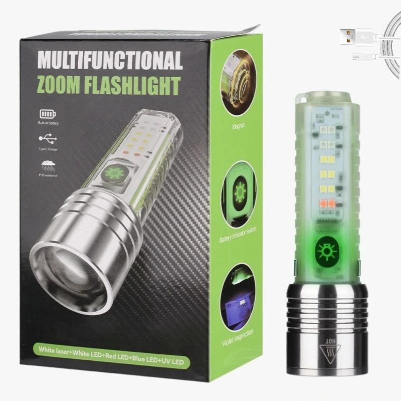 Mini Keychain Flashlight Type-C Fast Charging Multifunction Retractable Waterproof Fluorescent Magnetic Warning Camping Light