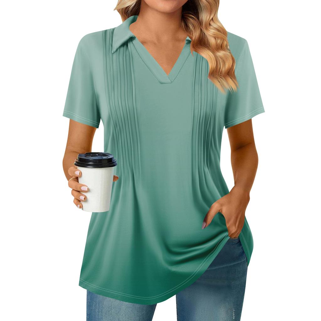 Женские футболки с коротким рукавом, плиссированные, с V-образным вырезом, с принтом, с воротником, летние топы, модные, деловые, повседневные, рабочие