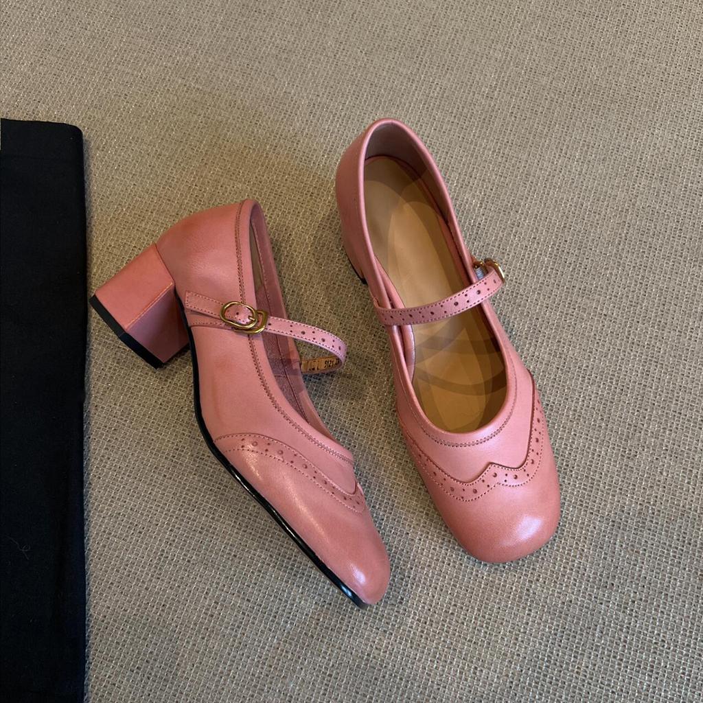 Lan Cabinet Edition~ Versatile One-word Button Light Heel Mary Jane Shoes Women's Retro Block Square Head Soft Leather Small Single Shoes