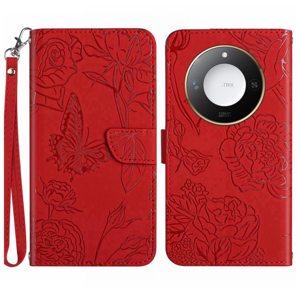 For Honor X9c Smart 5G Case Butterfly Flower Imprinted Leather Phone Cover with Strap