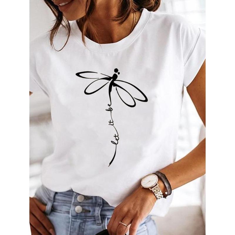 Women's Short-sleeved Explosive Insect Butterfly Dragonfly Print Round Neck T-shirt Women Clothes Oversized T Shirt Harajuku