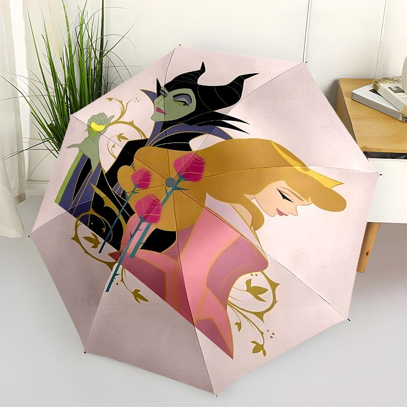 Maleficent, Aurora Automatic Opening and Closing Umbrella - 8 Ribs Portable Folding Umbrella with Plastic Handle, Suitable for Leisure and H