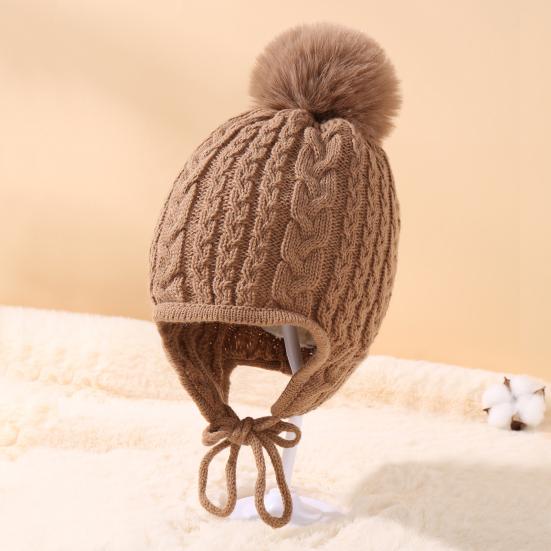 Children Hat Plush Ball Decor Twist Texture Lace-up Knitting Hat Solid Color Design Breathable Warm Winter Hat