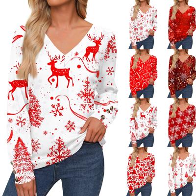 Женская повседневная модная рождественская рубашка со снежинками и длинными рукавами, манжетами на пуговицах, с V-образным вырезом, свободная футболка, осенняя одежда