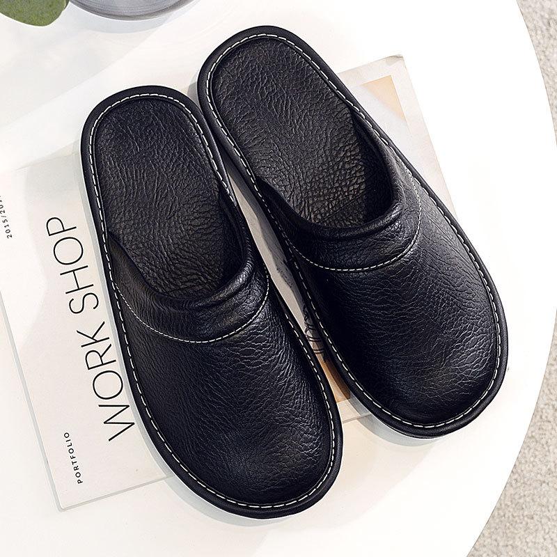 Men's Slippers Autumn Winter Indoor Shoes Plus Size  Man Concise Navy Blue Slides Simple Leather Home Slippers For Men