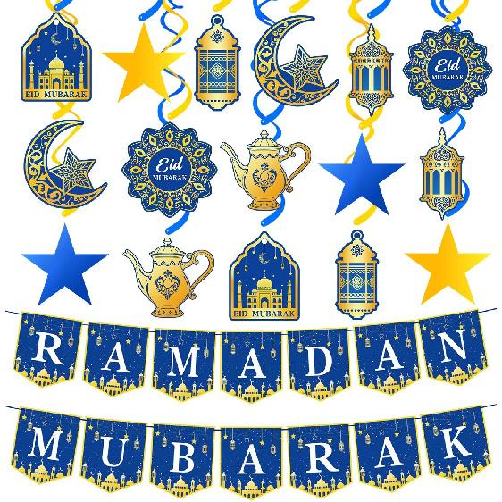 34Pcs Ramadan Decorations Pre-Assembled Mubarak Eid Kareem Muslim Banner Hanging Swirls Garland Decor Party Supplies Ramadan Decorations for Home