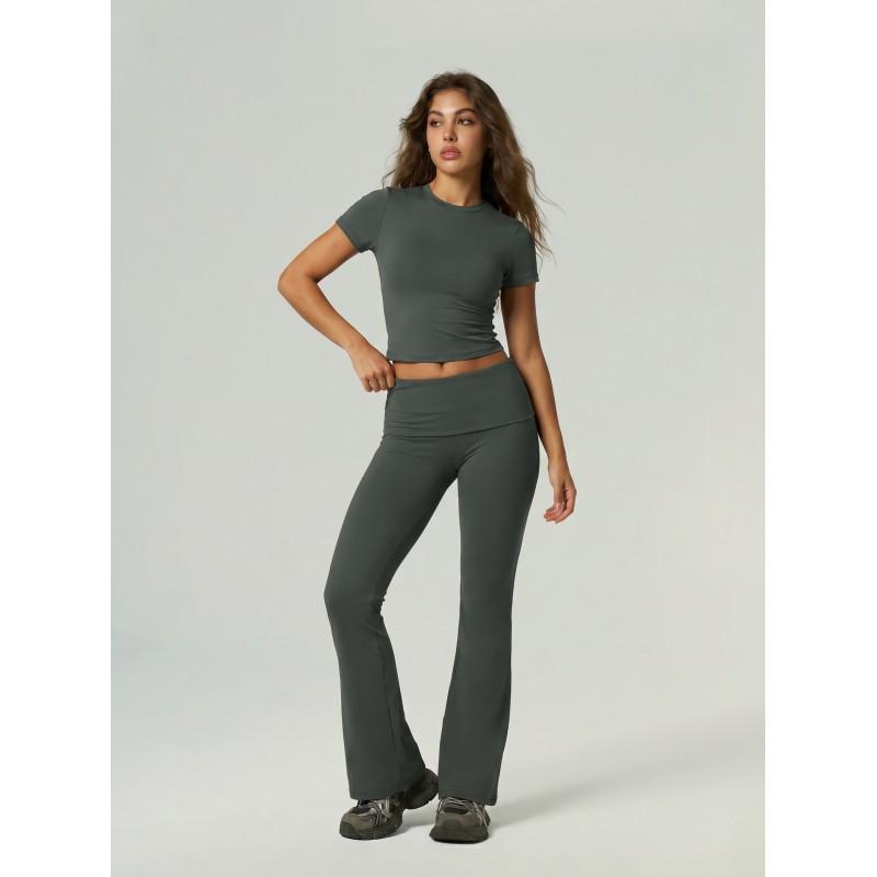 Quick-Dry Yoga Set Women: Short Sleeve Top Flared Leggings High-Waist Tummy Control Butt Lifting Seamless Bare-Skin Feel