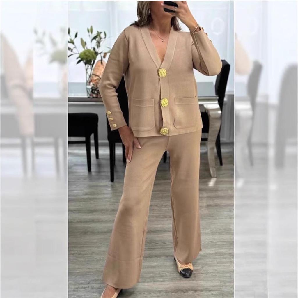 European Style Women's Knit Cardigan & Wide-Leg Pants Two-Piece Set